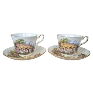 Vintage Royal Stafford Bone China Cottage Scene Tea Cup & Saucer Set Of 2